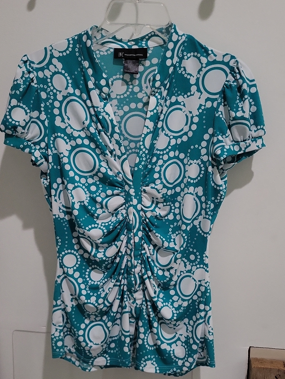 INC International Concepts Teal & White Ruched V-Neck Blouse